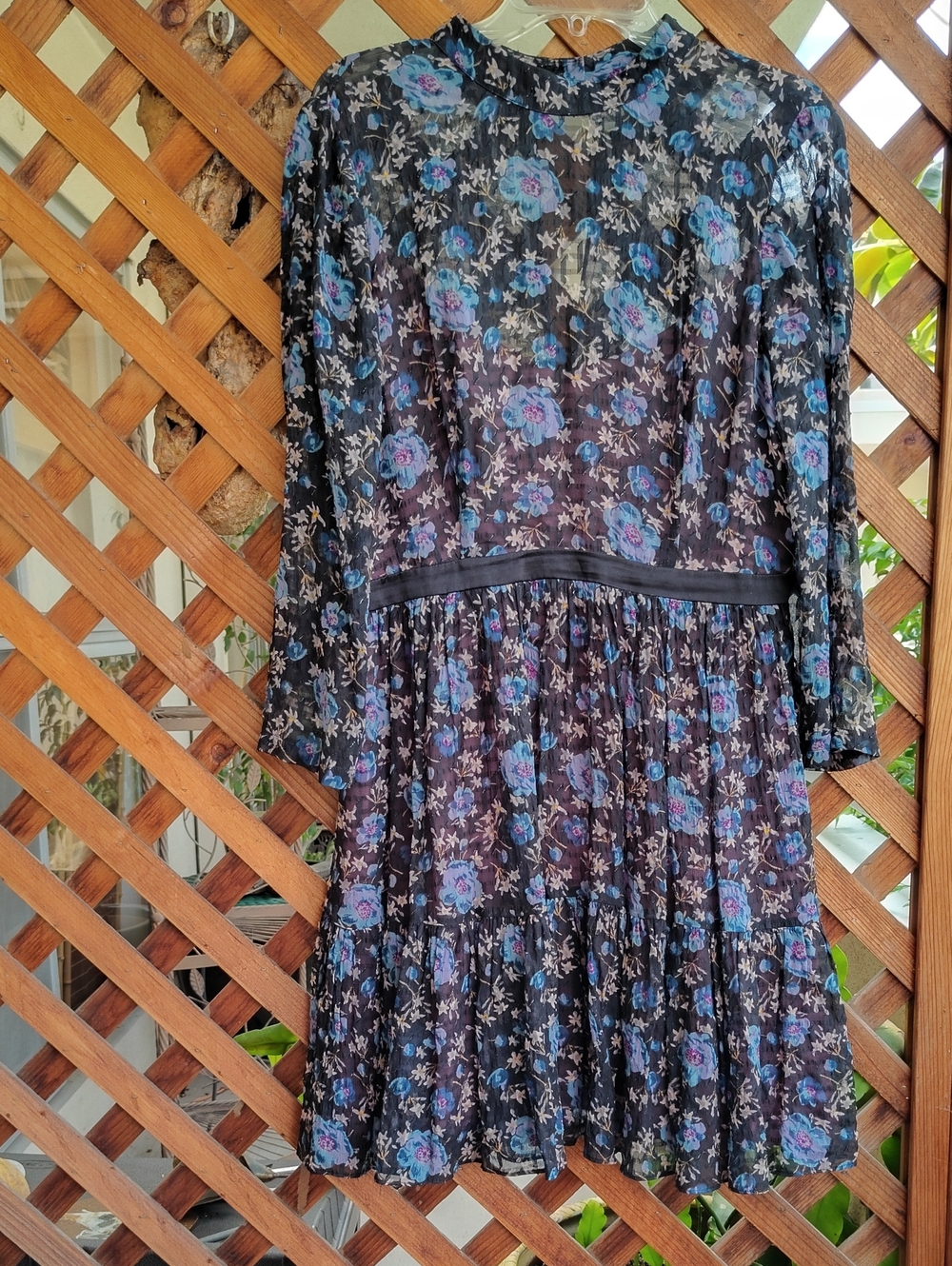 Rebecca Taylor Black Long Sleeve Dress Blue Floral Print Silk & Cotton Size 10